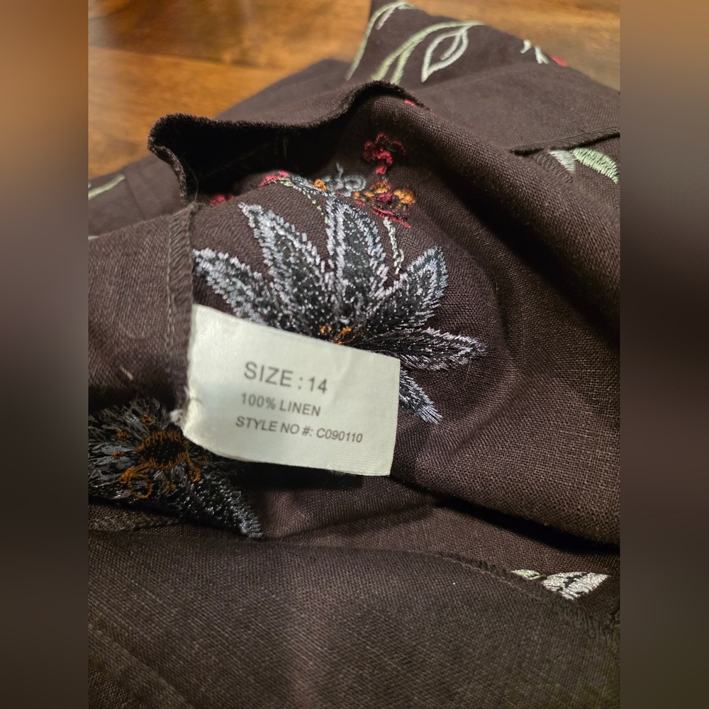 Linea Embroidered Floral Brown Linen A Line Skirt 14 - Picture 9 of 10